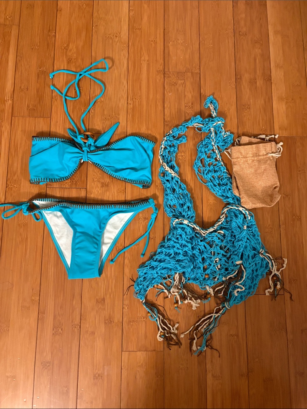 Women's Turquoise Tie Bikini Set with Crochet Cover-Up